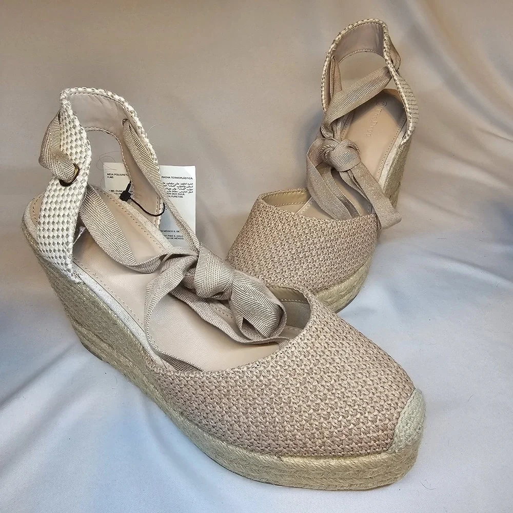 The Drop Espadrille Platform Wedge Sandals Ankle‎ Tie Natural Beige Size 11 Boho